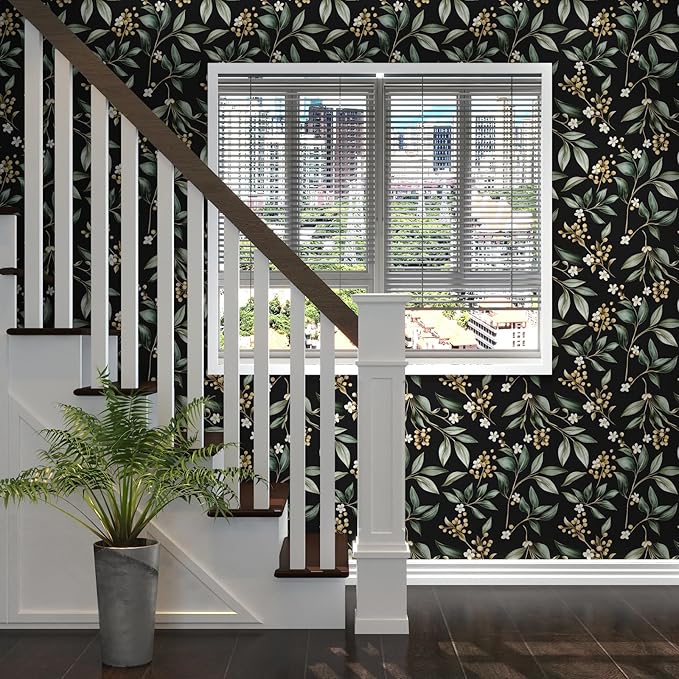 Vintage Leaf Peelable Wallpaper, Black Green Leaf Botanical DIY Craft Self-Adhesive Contact Paper for Cabinet Drawer Decor, Vinyl Wall Paper Dark Green Wall Cover Decor 17.5" x 78"