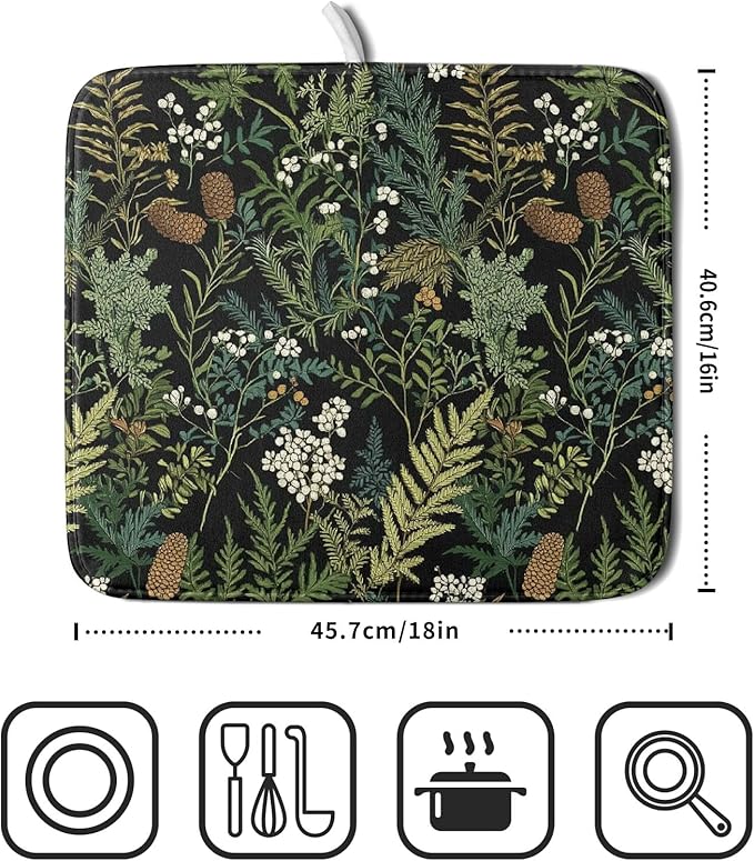 Green Plant Fern Leaves Floral Dish Drying Pad 16 x 18 Inch With Absorbent Reversible Microfiber Black Flower Botanical Leaf Vintage Drying Mats Dish Drainer Mat Fast Dry For Kitchen Dining Room