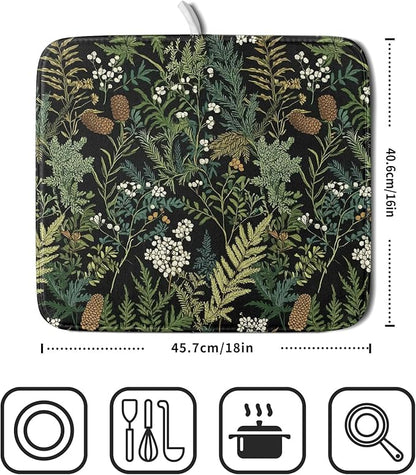 Green Plant Fern Leaves Floral Dish Drying Pad 16 x 18 Inch With Absorbent Reversible Microfiber Black Flower Botanical Leaf Vintage Drying Mats Dish Drainer Mat Fast Dry For Kitchen Dining Room