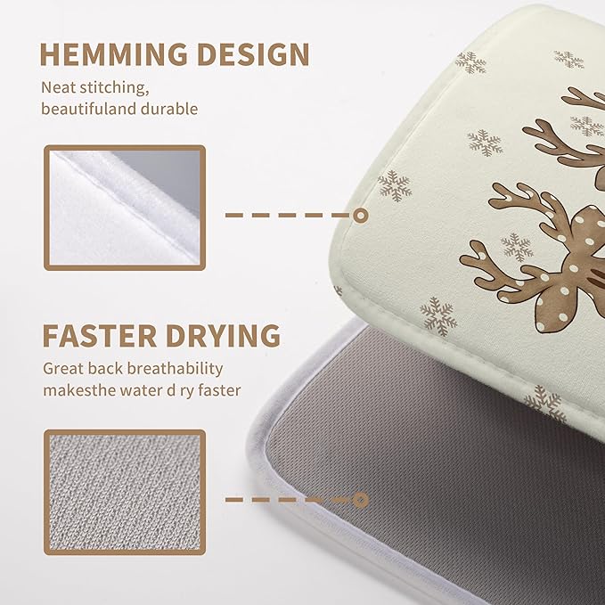Christmas Reindeer Snowflakes Dish Drying Mat for Kitchen Counter 18x24 Inch Winter Xmas Holiday Drying Pads Microfiber Absorbent Dish Draining Mat Large Dish Drainer Rack Mat