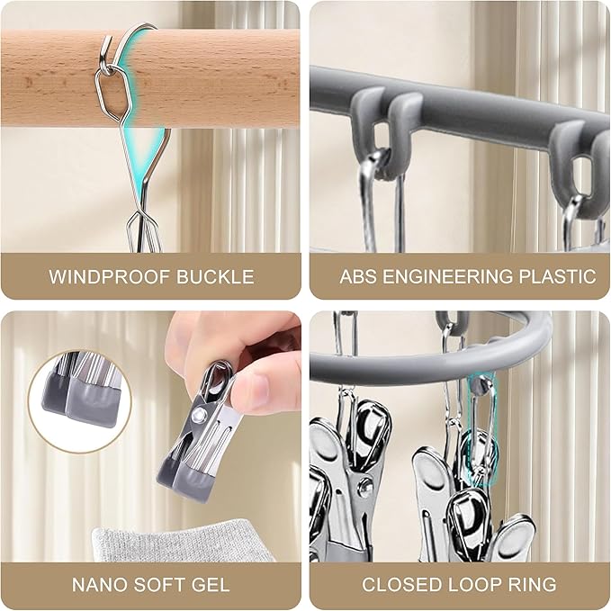 PHYDELU Drying Rack Clothing with 20 Clips，Sock Hanger for Drying，Hanging Clothes Dryer Underwear Hangers Racks Laundry Herb Socks Panty Wet Bra Lingerie Baby Delicates Foldable Small Indoor Metal