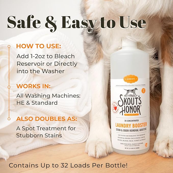 Skout's Honor Laundry Booster Stain & Odor Removal Additive - Plant-Powered Formula for Pet Bedding, Clothing, and Washable Pee Pads - Eco-Friendly & Cruelty-Free, 32 oz, 2-Pack, Natural