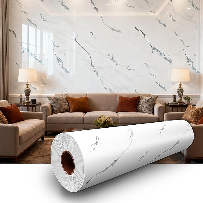 Carrara White Marble Peel and Stick Wallpaper, Glossy Texture Vinyl Wall Panels, Waterproof Renter Friendly, 23.6" x 118", TV Accent Wall, Bathroom, Foyer, Coffee Shop Decor
