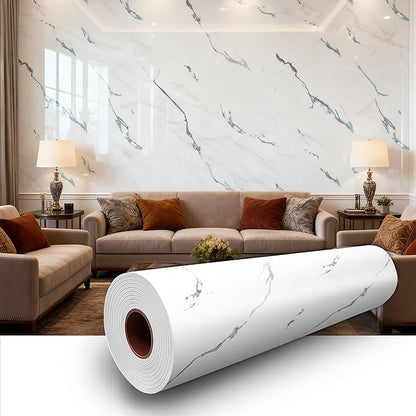 Carrara White Marble Peel and Stick Wallpaper, Glossy Texture Vinyl Wall Panels, Waterproof Renter Friendly, 23.6" x 118", TV Accent Wall, Bathroom, Foyer, Coffee Shop Decor