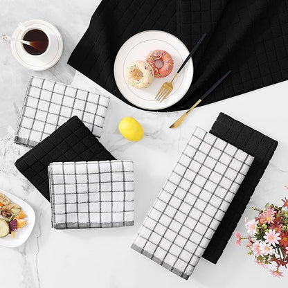 Homaxy Premium Cotton Kitchen Towels 16"x 28", Large Natural Ring Spun 390 GSM Dish Towels, Super Absorbent Terry Kitchen Hand Towels, Soft Tea Towels with Hanging Loop, Black Check Design, 8 Pack