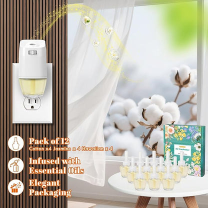Plug In Air Freshener Refills for Home, Hawaiian, Jasmine & Cotton Scent for Bathrooms & Kitchen, 12 Count Plug Refill for Bedrooms, Office, Compatible with Air Wick & Glade, Not Include Glade Plus