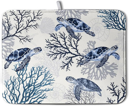 Summer Nautical Coastal Dish Drying Mat for Kitchen Counter Ocean Coral Sea Turtle Drying Rack Mats Beach Blue Dishes Drainer Mat Absorbent Microfiber Large Dish Draining Pad 18x24 Inch