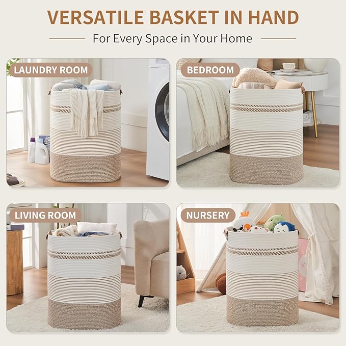 Laundry Basket with Handles - Blanket Basket & Hampers for Bedroom Aesthetic, Laundry Hamper & Blanket Storage for Living Room, Clothes Hamper, Tall, Large 17" x 14" x 22”, Light Brown & White
