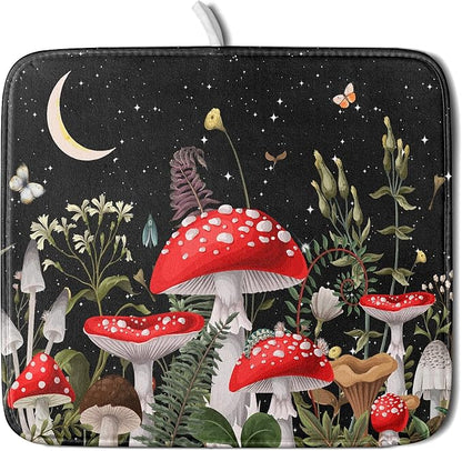 Red Mushroom Dish Drying Mat for Kitchen Counter Plant Leaves Drainer Mats Rack Holder Countertop Absorbent Microfiber Coffee Pads 16x18 Inch