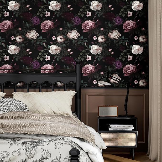 Fvlow Dark Flower Wallpaper Peel and Stick Vintage Pink Rose Contact Paper 17.4" x 393" Black Floral Waterproof Self-Adhesive Wall Covering for Bedroom Countertop Desk Cabinet