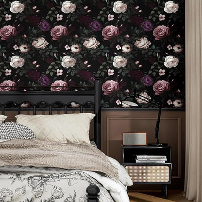 Fvlow Dark Flower Wallpaper Peel and Stick Vintage Pink Rose Contact Paper 17.4" x 393" Black Floral Waterproof Self-Adhesive Wall Covering for Bedroom Countertop Desk Cabinet