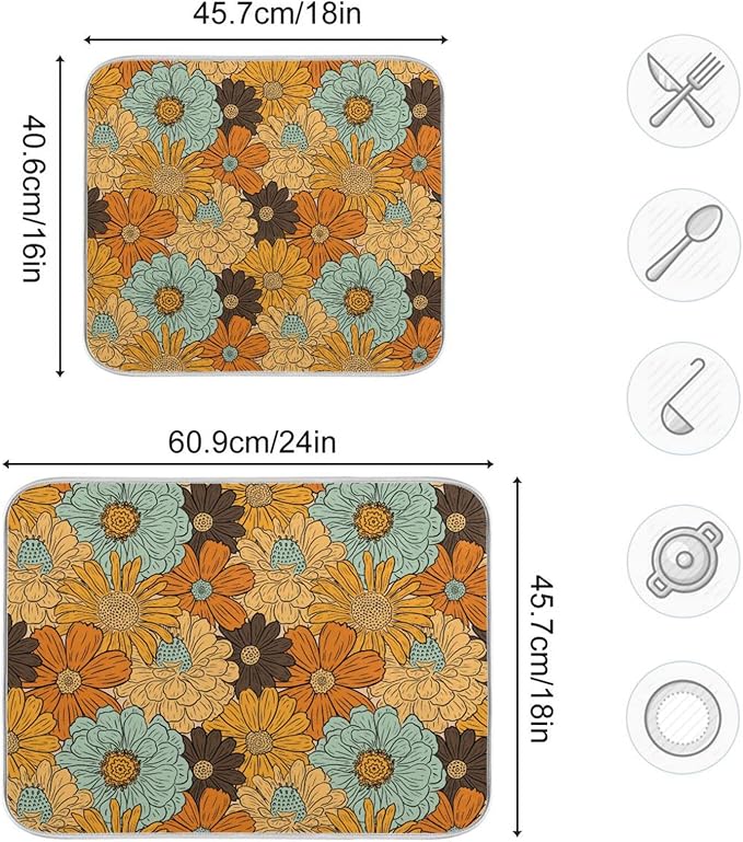 senya Super Absorbent Dish Drying Mat, Microfiber Fast-Drying Dish Mat, 24'' x 18'', Kitchen Dish Drying Pad, Retro Flower Daisy, (g289343300p523c558s1114)