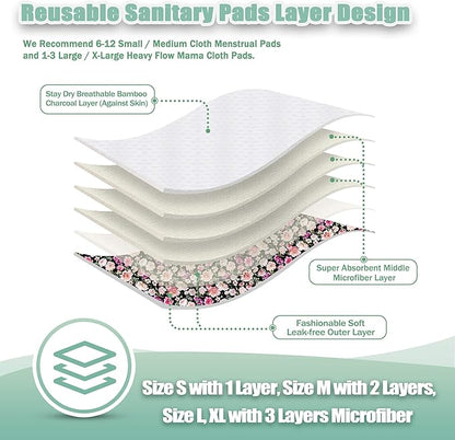 wegreeco Reusable Menstrual Pads - Reusable Sanitary Pads | Panty Liners | Soft Cloth Menstrual - 6 Pack with 1 Cloth Mini Wet Bag (Large, Flower 02