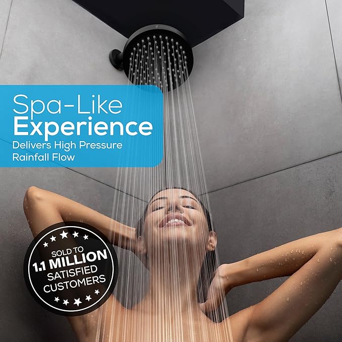 SparkPod Shower Head - High Pressure Rain - Premium Quality Luxury Design - Easy Clean Adjustable Replacement for Your Bathroom Shower Heads (Midnight Black Matte, 6 Inch Round)