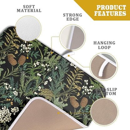 Green Plant Fern Leaves Floral Dish Drying Pad 16 x 18 Inch With Absorbent Reversible Microfiber Black Flower Botanical Leaf Vintage Drying Mats Dish Drainer Mat Fast Dry For Kitchen Dining Room