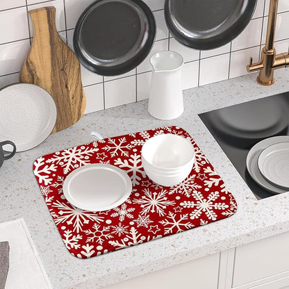 Christmas Dish Drying Mat for Kitchen Counter 16x18 Dark Red Snowflake Winter Xmas Holiday Absorbent Reversible Microfiber Drying Mats Kitchen Countertop Protector Dishes Drainer Pad