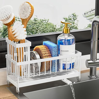 Cisily Sponge Holder for Kitchen Sink, Sink Caddy Organizer with High Brush Holder, Kitchen Countertop Organizers and Storage Essentials, Rustproof 304 Stainless Steel (White, 9.25″)