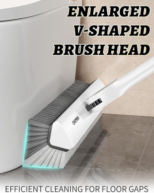 V-Shape Floor Scrub Brush with Long Handle, 180° Swivel Stiff Bristle Shower & Grout Cleaner Brush, Heavy-Duty Bathroom and Floor Cleaning Tool with 51" Stainless Steel Handle
