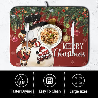 Christmas Dish Drying Mats for Kitchen Counter 16x18 Cute Snowman Red Dish Drying Pad for Dishes Winter Xmas Holiday Dish Draining Mat Absorbent Microfiber Dish Drainer Rack Mats