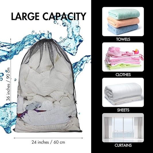 Berlune Large Mesh Laundry Bags, 24 x 36 Inch Bulk Wash Set with Drawstring for Commercial Use, Dorms, Vacation Rentals, Laundromats, Apartments & Facilities(Black,30)