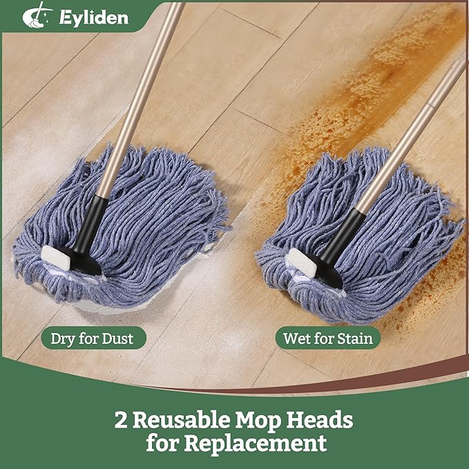 Eyliden Heavy Duty Floor Mop with Non-Touch Replacement | 2 Reusable Cotton Heads + 4 Scouring Pads | Wet & Dry Mops for Home & Commercial, Kitchen, Garage & Office Floor Cleaning, Blue