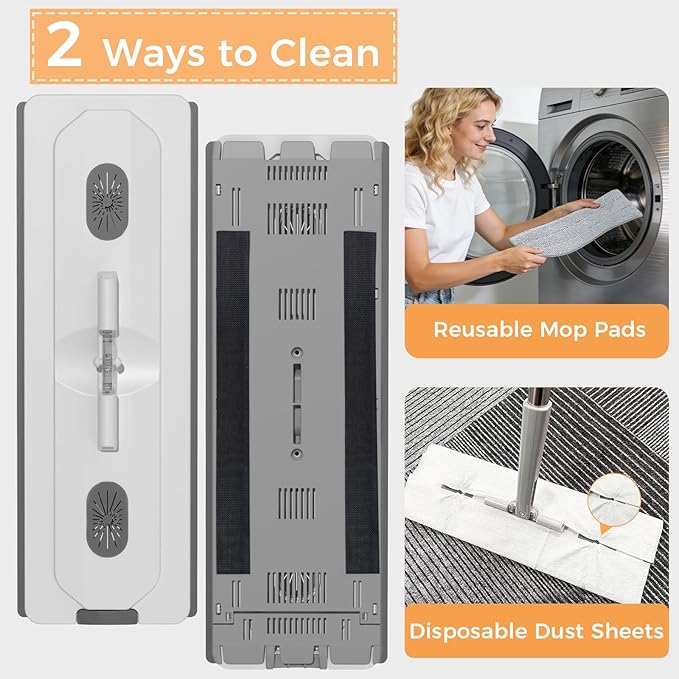 Mop and Bucket Set with Detachable Space-Saving Bucket, Mop for Floor Cleaning with Wringer, Wall Mop with 360° Rotating Mop Head, 2 Reusable Microfiber Mop Pads