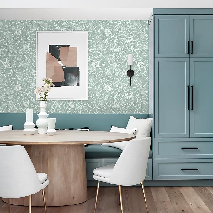Guvana Peel and Stick Wallpaper Floral Wall Paper Boho Grayish Green and White Removable Self Adhesive Wallpaper for Bedroom Bathroom Contact Papaer for Cabinet Waterproof Vinyl Roll 17.3"×197"