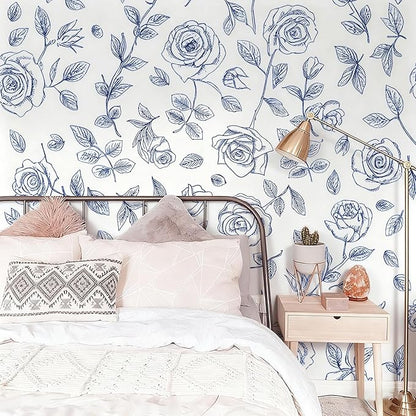 Timeet 17.7In ×78.7In Peel and Stick Wallpaper, Blue and White Floral Peel and Stick Wallpaper Boho Contact Paper Removable Self Adhesive Bedroom Cabinet Mural Wall Decor Vinyl Roll