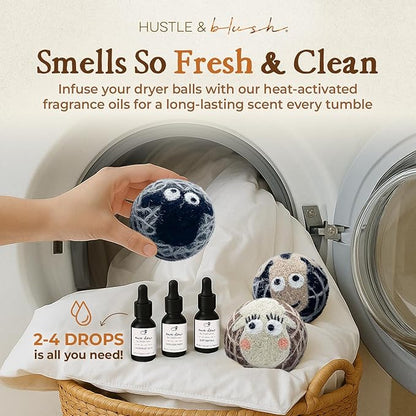 Hustle & Blush Fluff Ewes Wool Dryer Balls 3 Pack - Extra Large Darks Premium Hand Needled New Zealand Laundry Set, Reduces Drying Time, Static Control, Chemical Free Reusable for Essential Oils