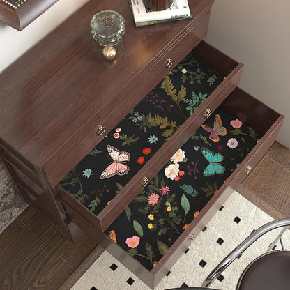 Boho Butterfly Adhesive Shelf Liner Contact Paper, 17.5" x 78" Vintage Black Floral Wallpaper for DIY Craft, Vinyl Removable Wallpaper for Dresser Dollhouse Cabinet Drawer in Dark Colorful