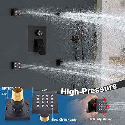 Enga 12 Inch Ceiling Mount Matte Black Shower System with Body Jets Bathroom Luxury Rain Mixer Shower Combo Set Ceiling Rainfall Shower Jets System Faucet Rough-in Valve and Trim Included