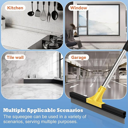 Large Heavy-Duty Floor Squeegee, 18” Rubber Blade Broom & 62” Long Handle Floor Squeegee for Concrete, Bathroom Tile, Garage Concrete, Deck, Shower Glass, Window Cleaning