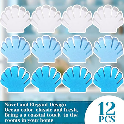 Tioncy 12 Pack Shell Kitchen Sponges Bulk Dual Sided Scrubber Summer Shell White Blue Sponges Dishwashing Kitchen Cleaning Accessories for Funny Beach Sea Theme Household Supplies