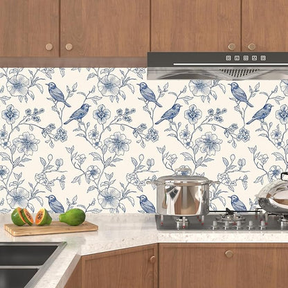 Beige Wallpaper Peel and Stick Blue Floral Bird Vintage Contact Paper 17.5" x 393" Boho Animal Self Adhesive Waterproof Removable for Bathroom Shelves Cabinet Drawer Table Decor Renter Friendly