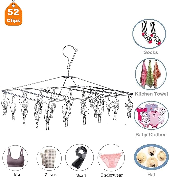 KK5 Stainless Steel Clothes Drying Racks Laundry Drip Hanger Laundry Clothesline Hanging Rack Metal Clothespins Rectangle for Drying Clothes, Towels, Underwear, Lingerie, Socks - 52Clips