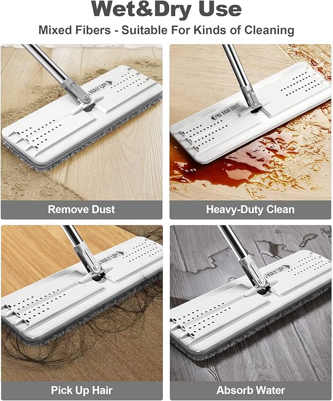 JOYMOOP Flat Mop, Microfiber Floor and Wall Cleaner, 60" Long Handle with 15" Flat Head with a Pad - White