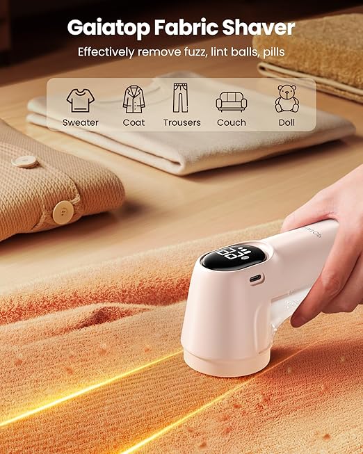 Gaiatop Fabric Shaver Rechargeable, Electric Lint Remover Shaver with LED Display, 6 Leaf Blade, 3-Speeds Sweater Depiller for Clothes, Furniture, Couch, Fuzz, Pills, Pink