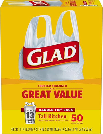 Glad Tall Kitchen Trash Bags 13 Gallon, Unscented Garbage Bags, Handle-Tie, 50 Count