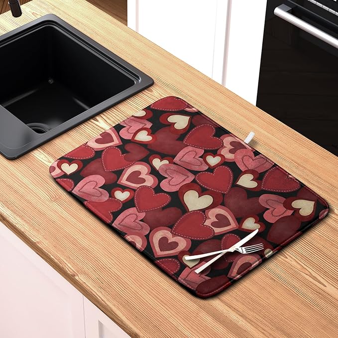Valentine Dish Drying Mat for Kitchen Counter Red Black Love Heart Drying Pad Microfiber Absorbent Coffee Bar Mat Heat Resistant Countertop Protector Dishes Drainer Mat 18x24 Inch