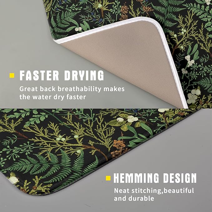 Black Sage Green Plant Dish Drying Pad 16 x 18 Inch with Absorbent Reversible Microfiber Vintage Botanical Fern Leaves Floral Drying Mats For Kitchen Counter Dining Room Decoration