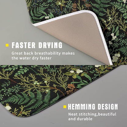 Black Sage Green Plant Dish Drying Pad 16 x 18 Inch with Absorbent Reversible Microfiber Vintage Botanical Fern Leaves Floral Drying Mats For Kitchen Counter Dining Room Decoration