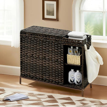 Laundry Hamper with Lid, 130L(34.4 Gal) Rattan Laundry Hamper 3 Section with 50L (13.2 Gal) Storage Shelf, Wicker Woven Laundry Sorter Basket with 4 Liner Bags and Handles, Brown GLH003BR