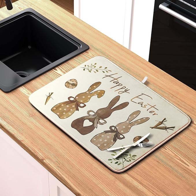 Happy Easter Bunny Dish Drying Mat Rabbits Egg Carrot Dish Pad for Kitchen Counter 18x24 Inch Microfiber Absorbent Spring Bufflao Plaid Dish Draining Mat Reusable Washable Dish Drainer Rack Mat