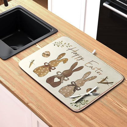 Happy Easter Bunny Dish Drying Mat Rabbits Egg Carrot Dish Pad for Kitchen Counter 18x24 Inch Microfiber Absorbent Spring Bufflao Plaid Dish Draining Mat Reusable Washable Dish Drainer Rack Mat