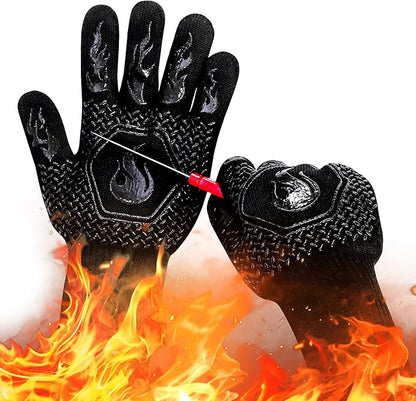 BBQ Fireproof Gloves, Grill Cut-Resistant 1472°F Heat Resistant Gloves, Non-Slip Silicone Oven Gloves, Kitchen Safe Cooking Gloves for Oven Mitts,Barbecue,Cooking, Frying,13.5 Inch-Black
