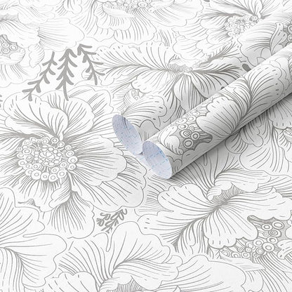 Guvana Floral Peel and Stick Wallpaper Boho Contact Paper Grey and White Wall Paper Modern Waterproof Wallpaper for Bathroom Bedroom Neutral Farmhouse Self Adhesive Removable Vinyl Roll 17.3in×394in