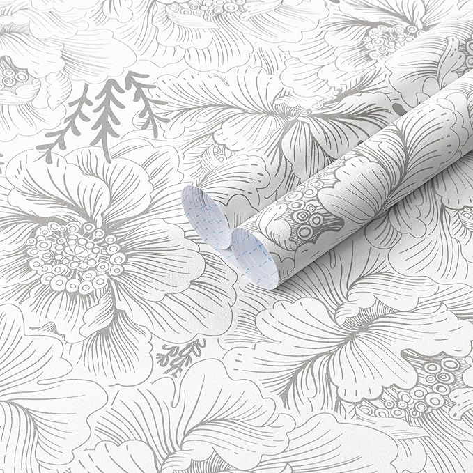 Guvana 17.3in×118in Floral Peel and Stick Wallpaper Boho Contact Paper Grey and White Wall Paper Modern Waterproof Wallpaper for Bathroom Bedroom Neutral Farmhouse Self Adhesive Removable Vinyl Roll