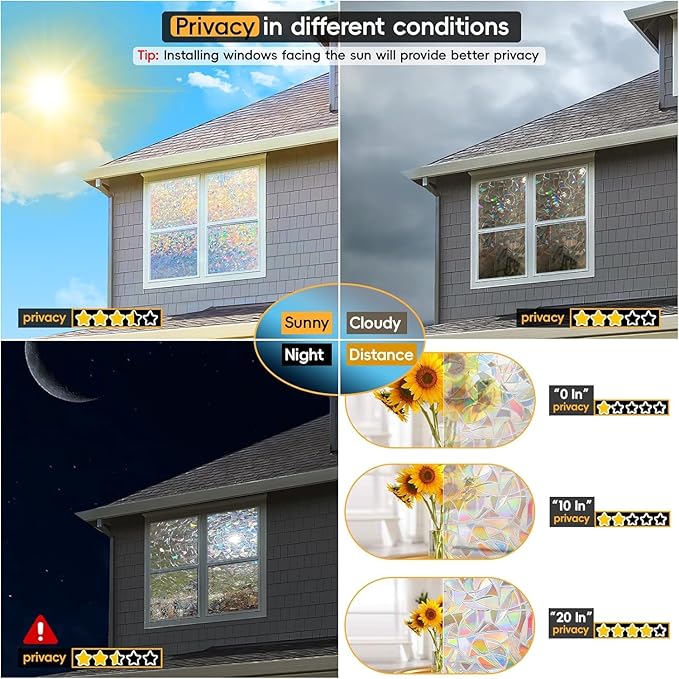 Rainbow Window Privacy Film Decorative, Stained Glass Window Tint for Home, 3D Decals Window Clings for Glass Windows, Static Cling Window Sticker, Suncatcher Window Cover, 47.2 Inch x 157.4 Inch