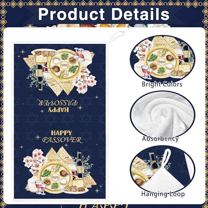 Happy Passover Kitchen Towels, Star of David Dish Towels Gifts for Cooking Cleaning Set of 6, Jewish Holiday Hand Towels with Hanging Loop for Bathroom Home Decor