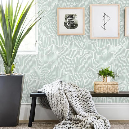 Guvana Green Wallpaper Peel and Stick Modern Sage Green and White Contact Paper Coastal Tropical Wallpaper Boho Striped Removable Waterproof Wall Paper for Bathroom Laundry Room Accent Wall 17.3"×590"